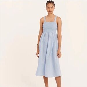 J Crew Smocked Beach Dress in linen cotton blend BF159 Size 2X Blue Summer NWT